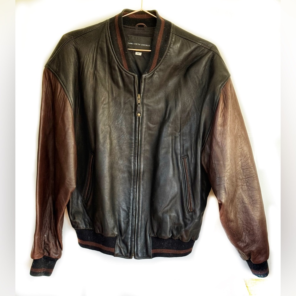 Vintage Brown/Black Leather Varsity Jacket, Saks Fifth Avenue, M